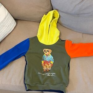 Ralph Lauren Size 6 Olive Green Hoodie with Yellow Hood, Blue and Orange Sleeves